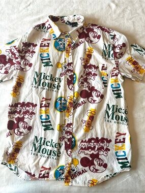 Mickey Mouse White Graphic Button-Up Shirt Mens Size Large